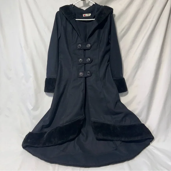 Xian Xian Goth Steampunk Hooded Black Fleece Felt High-Low Coat sz M - Picture 2 of 7